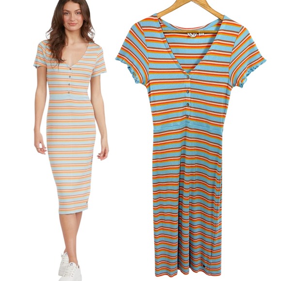 Roxy Dresses & Skirts - Roxy Ribbed Midi Dress M Blue Orange Striped Lettuce Edge‎ Retro Coastal Preppy